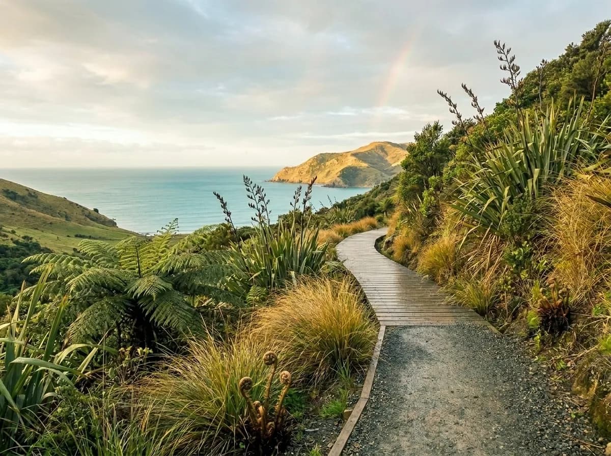 A peaceful New Zealand coastal walking pathway with native vegetation and views of the sea